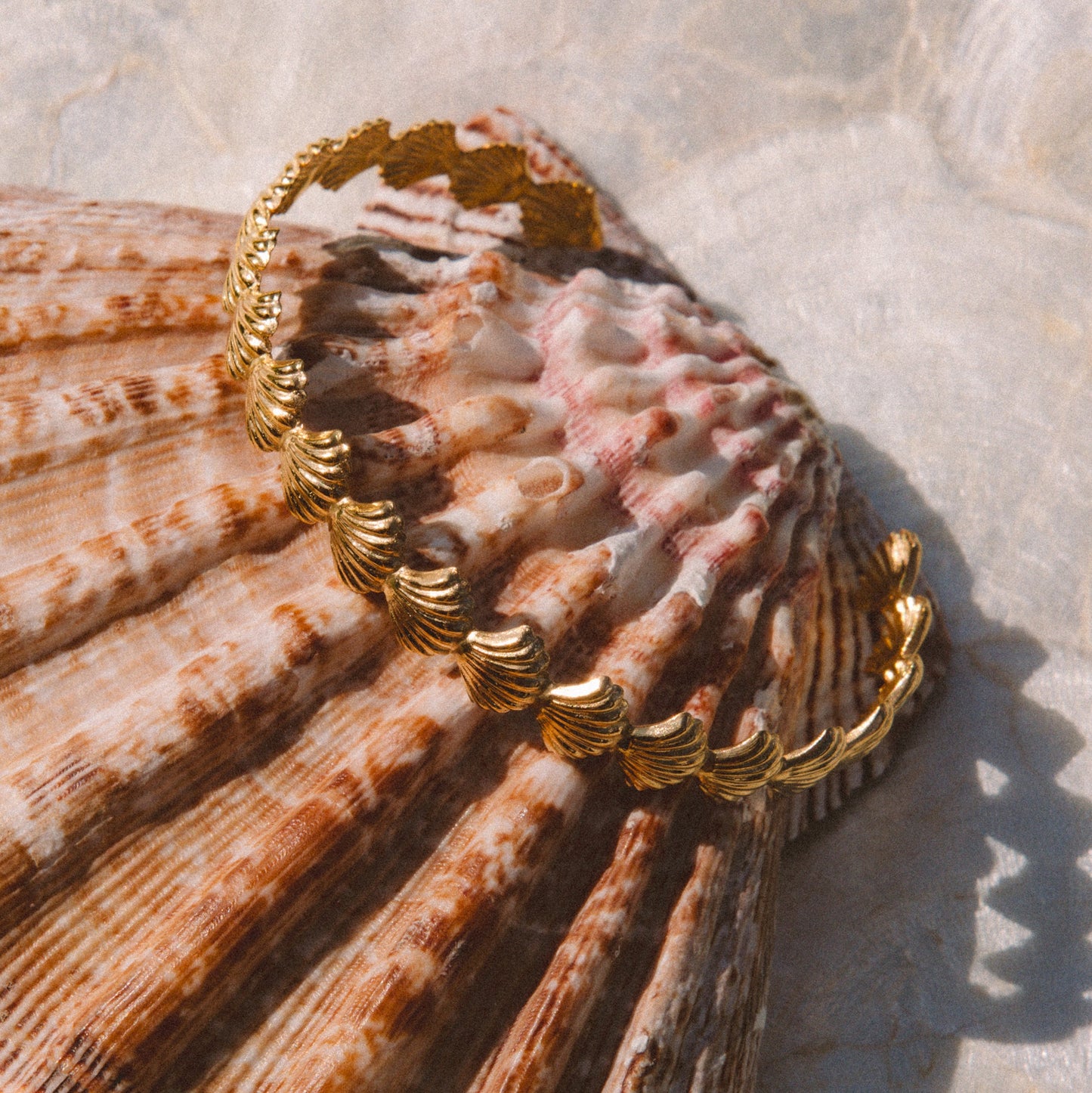 A gold-toned bangle bracelet with a textured, ridged shell-like design, displayed on a large brown seashell against a light stone surface.
