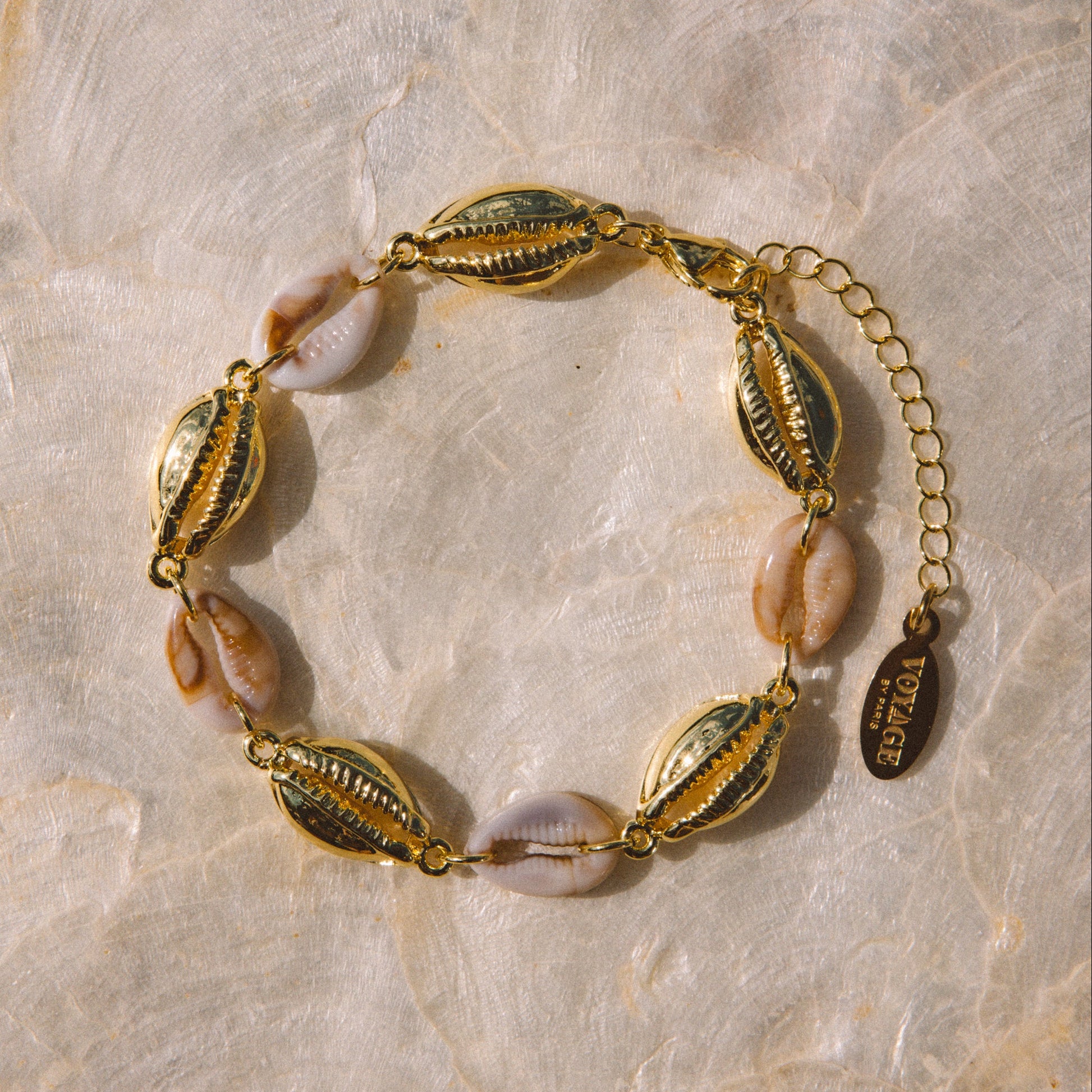 A gold chain bracelet featuring cowrie shells and textured gold-toned shell-shaped links, laid flat on a light beige marbled surface. A small hanging tag reads 'SUNRISE'.