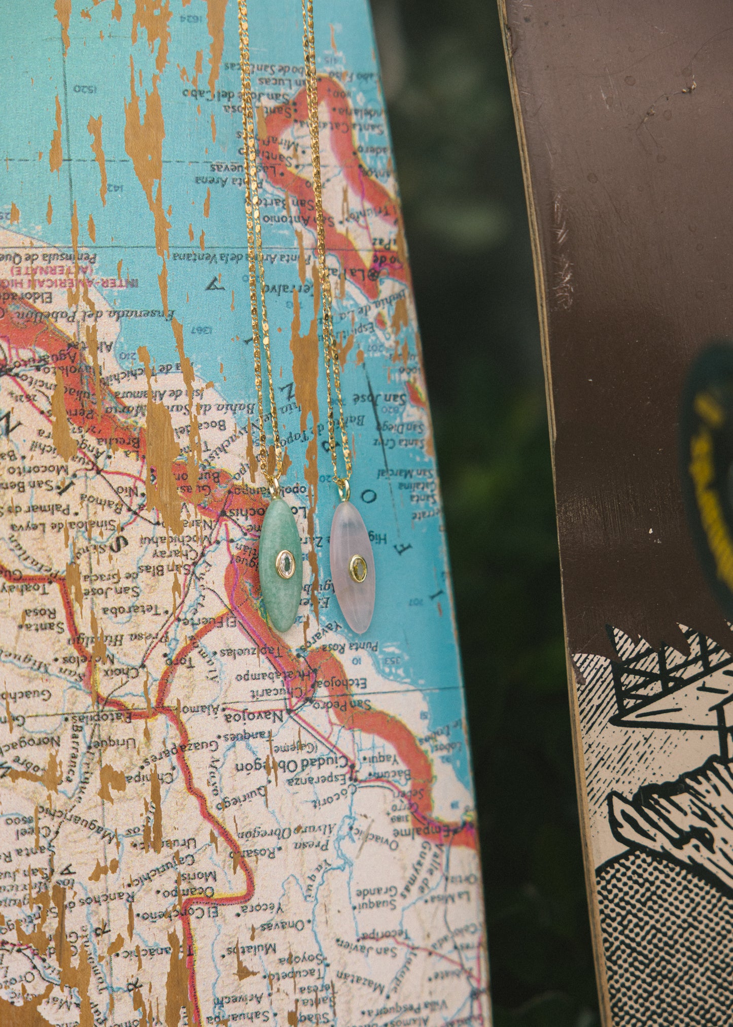 Close-up of a map with a decorative element on a textured surface